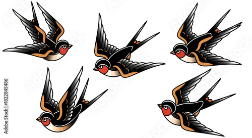 Traditional Tattoo Style Swallows Flying Vintage Bird Illustration Set