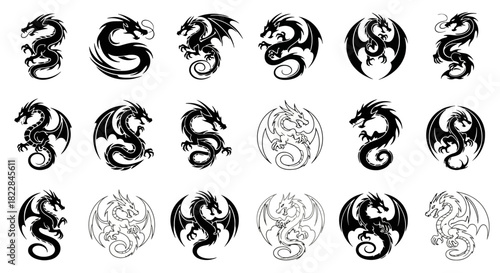 Collection of 20 Black and White Dragon Tattoo Designs and Heraldic Emblems