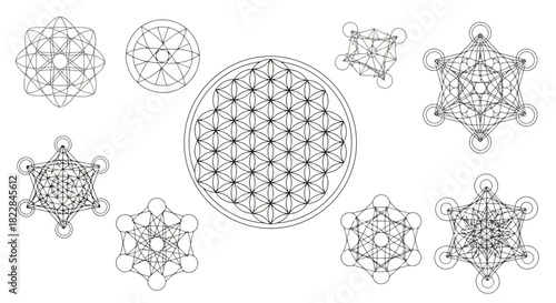 Sacred Geometry Patterns Collection Flower of Life Metatron s Cube Platonic Solids Vector Illustrations