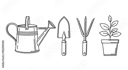 Gardening tools and potted plant line art design, perfect for spring garden projects and DIY tutorials