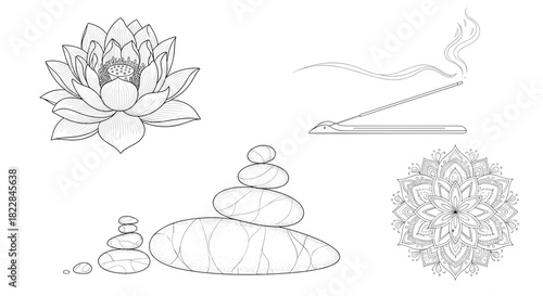 Serene zen garden art with lotus flower, stones, incense offering peaceful vibes & relaxation therapy
