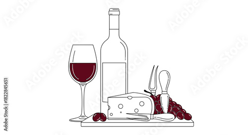 Elegant wine bottle, cheese and grapes arrangement for sophisticated celebrations or dining concepts