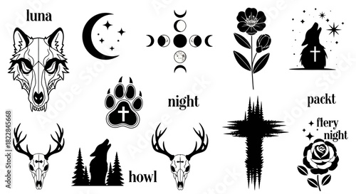 Mystic Gothic Vector Illustrations Wolf Skull Moon Phases Howling Wolf Deer Skull Rose Floral Designs for Occult Pagan Halloween Tattoo Art