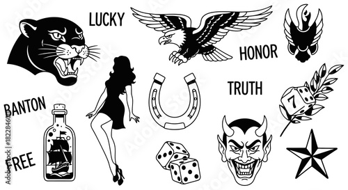 Vintage Tattoo Flash Sheet Eagle Panther Devil Pin up Girl Dice Horseshoe Ship in Bottle Star Retro Style Vector Art