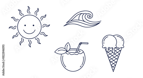 Fun summer beach icon set for vacation promotions, perfect for seaside holiday designs or tropical events