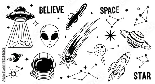 Extraterrestrial Cosmic Wonders UFO Alien Astronaut Rocket Planets Stars Constellations in a Fun Outline Design