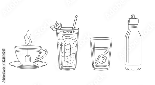 Hydration collection line art, refreshing beverages for health and well being, modern aesthetic
