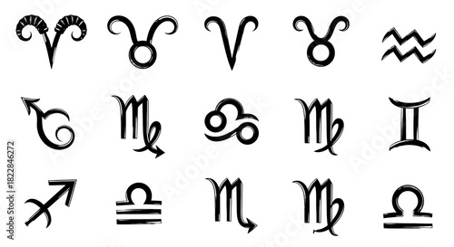 Collection of Zodiac Signs and Astrology Symbols Isolated on White Background