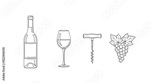 Elegant wine bottle, glass, corkscrew and grapes illustration for labels and branding projects