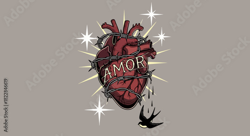 Barbed Wire Heart AMOR Tattoo Design with Flying Bird and Stars