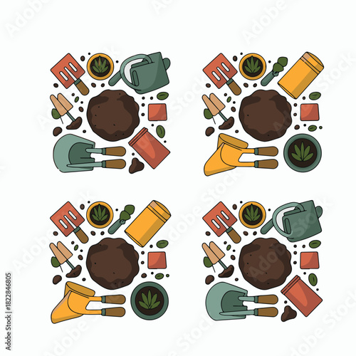 Four square arrangements of gardening tools soil and plants watering