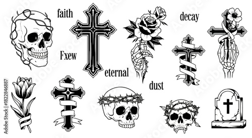 Gothic Tattoo Design Elements Crosses Skulls Roses and Florals in Black and White for Dark Art Projects