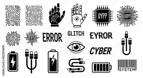 Futuristic Technology and Digital Glitch Icons Collection AI Cyber Error Battery QR Circuits