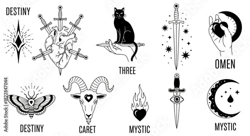 Mystical Symbols and Occult Icons Black White Vector Illustrations for Esoteric Design