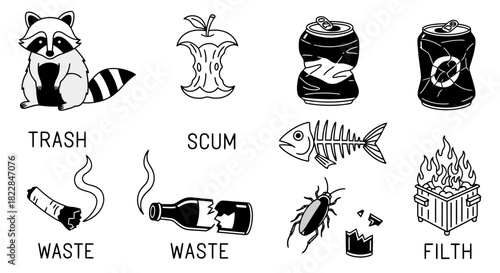 Cute Cartoon Raccoon with Trash Waste Scum Filth Icons Collection Isolated Vector Illustrations