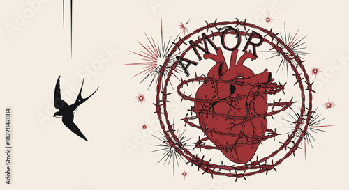 Symbolic Heart AMOR Entangled with Barbed Wire Approaching Freedom Bird Illustrates Love Pain and Hope