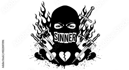 Aggressive Sinner Mask Symbol with Swords and Fiery Flames Dark Edgy Design