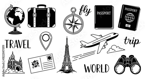 Travel and Adventure Icons Passport Suitcase Airplane Globe Eiffel Tower Compass Vector Graphics for Vacation Planning Global Exploration