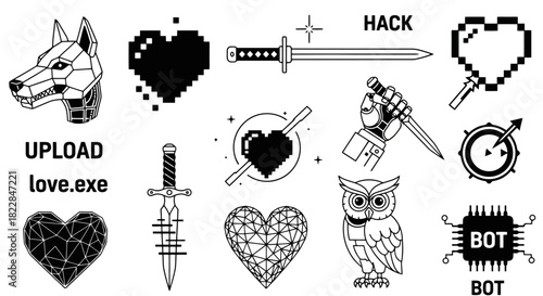 Cyberpunk Pixel Art Icons Robot Dog Hearts Swords Owl Bot Hack Upload Love exe More Vector Graphics for Digital Concepts