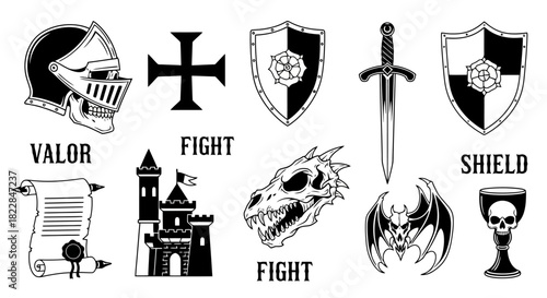 Medieval Knights and Fantasy Elements Vector Icon Set Castle Sword Shield Armor Dragon Skull Goblet Scroll Cross for Game Design History and Fantasy Art
