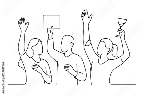 Minimalist Party Enthusiasm. Party Engagement. Minimalistic one-line drawing attendees raising hands or