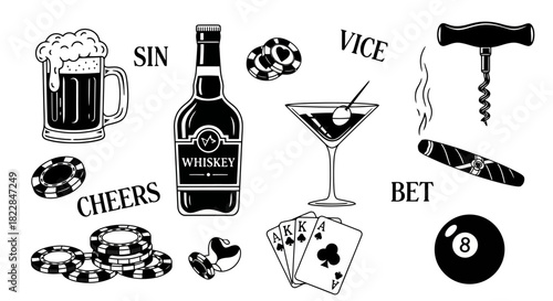 Vintage Casino and Bar Symbols Whiskey Beer Cocktails Poker Chips Cards Cigar Corkscrew Billiards Ball