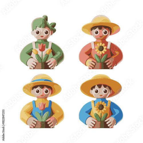 Four cartoon gardeners holding potted flowers with colorful outfits tulips