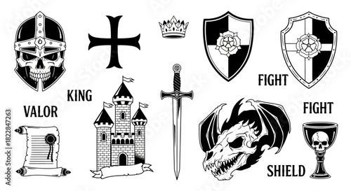 Medieval Fantasy Icons Set Knight Helmet Dragon Castle Sword Crown Shield Scroll Chalice Cross Vector Illustrations for Gaming and History
