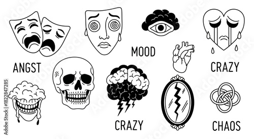 Collection of Icons Representing Mental Health Emotions and Psychological Concepts Angst Crazy Mood Chaos