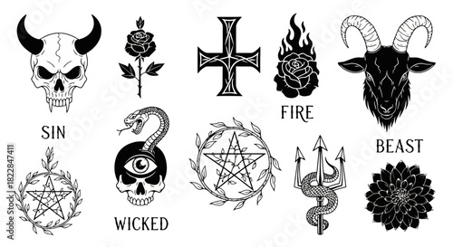 Satanic Symbols and Occult Icons Skull Goat Rose Pentagram Cross Snake Trident Collection Black and White Vector Art