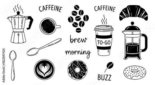 Morning Coffee Break Vibes Illustrated Icons of Coffee Croissant Donut Moka Pot French Press More for Cafe Marketing