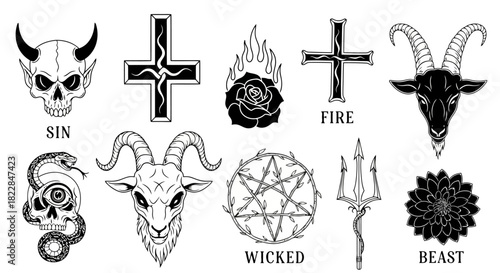 Collection of Occult and Dark Symbols Skull Pentagram Baphomet Upside Down Cross Trident Serpent Rose on Fire Beast Sin Wicked Fire Occultism Satanic Icons