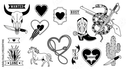 Wild West Tattoo Flash Sheet Cowboy Boots Skull Snake Cactus Horse Cowboy Heart Designs