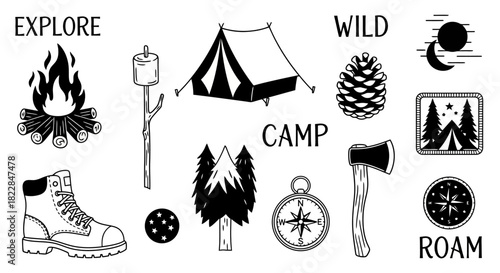 Hand Drawn Camping and Outdoor Adventure Icon Set Explore Wild Camp Roam