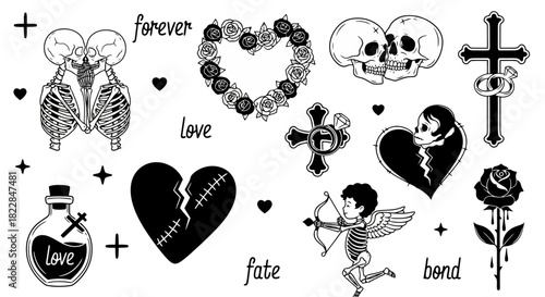 Gothic Love Tattoo Design Elements Skulls Roses Broken Hearts Cupid Potion Cross Vector Art Collection for Alternative Romance Dark Aesthetic and Edgy Style