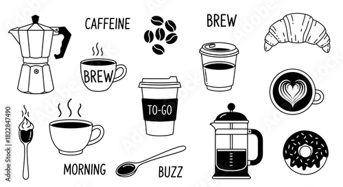 Hand Drawn Coffee Icons Brew Caffeine Morning Buzz Latte Art Moka Pot French Press Croissant Donut To Go Cups