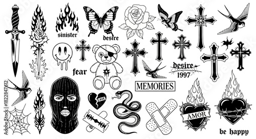 Gothic Tattoo Designs Pack Skulls Crosses Butterflies Roses Flames More Vector Elements