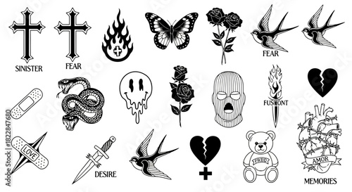 Edgy Tattoo Design Elements Collection Crosses Skulls Roses Butterflies Snakes More for Alternative Fashion