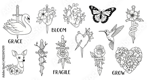 Esoteric Tattoo Design Bundle Swan Heart Dagger Butterfly Bloom Grow Grace Fragile Vector Illustrations
