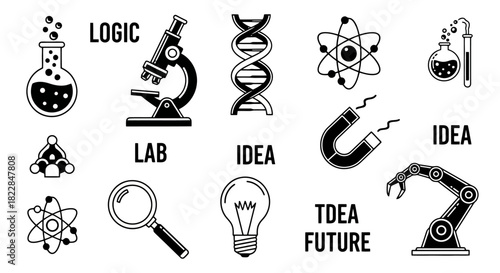 Science and Innovation Icons DNA Microscope Robot Arm Lightbulb Beaker Atom Magnet Magnifying Glass Vector Illustration