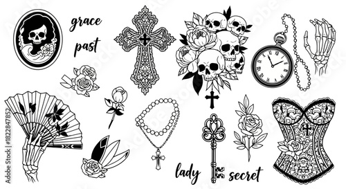 Gothic Tattoo Design Elements Collection Skulls Roses Crosses Corsets Keys Clocks and Fans Vector Art for Dark Aesthetic