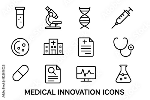 Medical Innovation Icons. Medical innovation icons. Line outline icon set of medical innovation icons: test