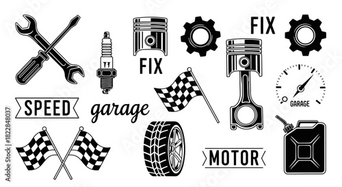 Vintage Automotive Icons Set Tools Engine Parts Racing Flags and Garage Symbols for Mechanic and Speed Enthusiasts
