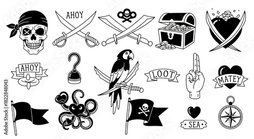 Pirate Tattoo Flash Set Skull Treasure Chest Parrot Swords Compass Hook Heart Octopus Vector Art