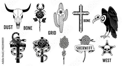 Western Tattoo Style Icons Skull Cactus Snake Sheriff Badge and Vulture Collection
