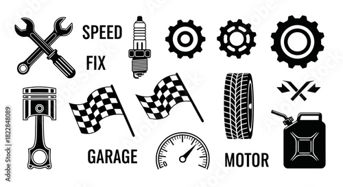 Car Racing and Automotive Repair Icons Collection Speed Garage Motor Fix Vector Set