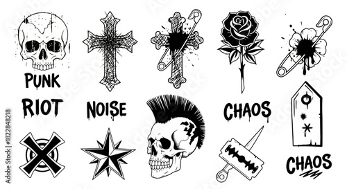 Alternative Punk Rock and Rebellion Tattoo Style Vector Icons Collection Skulls Crosses Roses Safety Pins Razor Blades