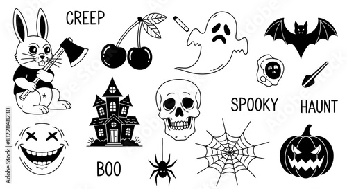 Spooky Halloween Icons and Graphics Haunted House Ghost Pumpkin Skull Bunny with Axe Cherries More Perfect for Decorations and Parties