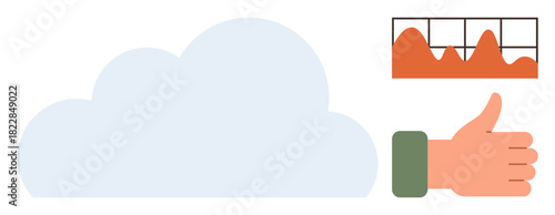 Cloud shape with a graph depicting data trends and a thumbs-up gesture symbolizing success. Ideal for cloud computing, data analysis, performance, technology, approval, monitoring, simple flat
