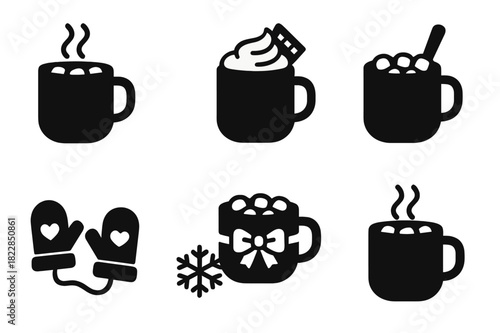 Cozy Hot Chocolate Icons. Mug of hot chocolate with marshmallows. Filled icon set of mug of hot chocolate with